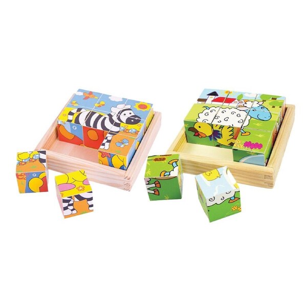 2PK Bigjigs Toys 10.5cm Safari & Animal Cube Puzzle Kids Wooden Toy Combo 18m+