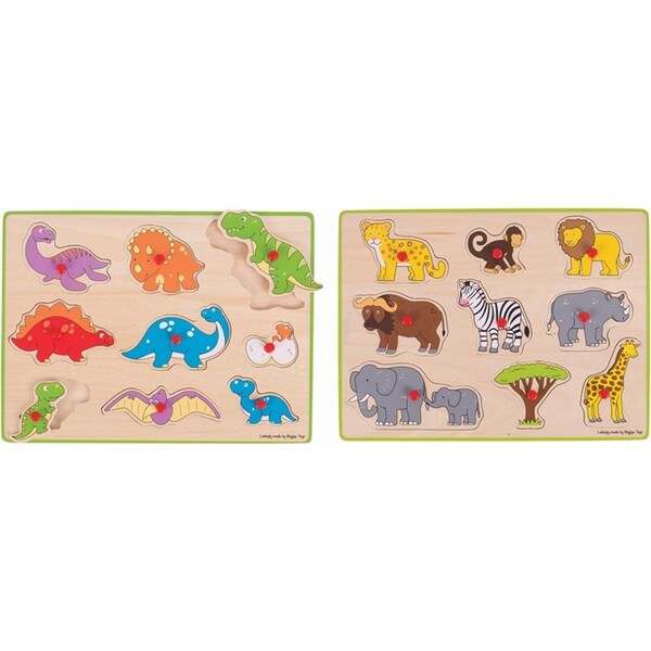 2x 9pc Bigjigs Toys 30cm Safari & Dinosaurs Lift Out Kids Puzzle Toy Combo 3y+