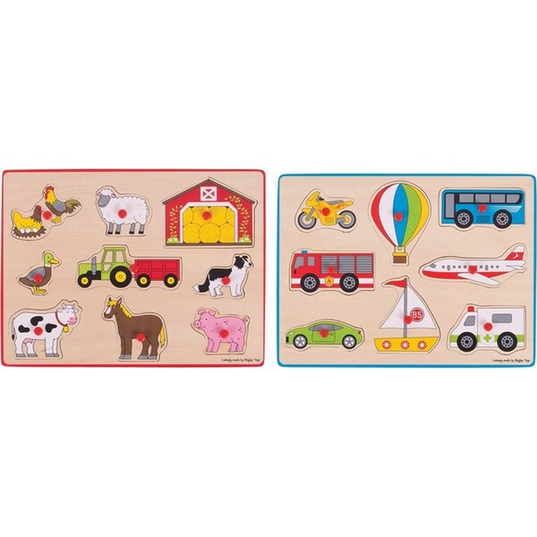 2PK Bigjigs Toys 30cm Farm & Transport Lift Out Kids Play Puzzle Toy Combo 3y+