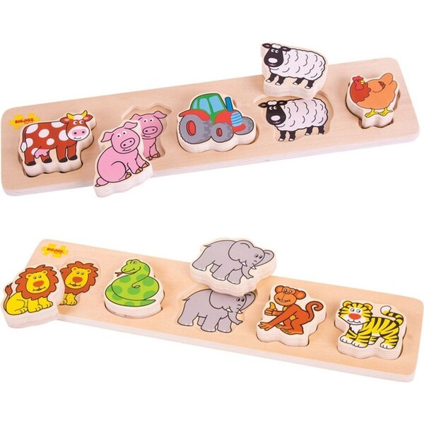 2x 6pc Bigjigs Toys 33cm Chunky Farm/Safari Lift & Match Puzzle Toy Combo 12m+