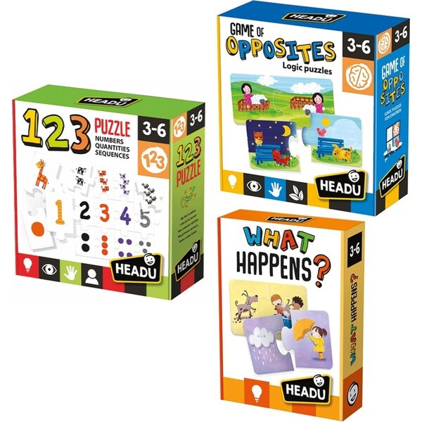 3PK Headu What Happens?/Game of Opposites/123 Jigsaw Puzzle Game Set Kids 3-6y+