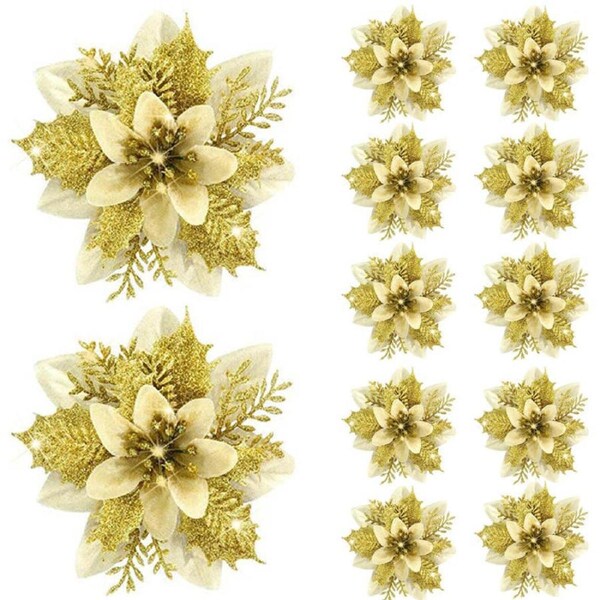 Catzon 12 Pcs Poinsettia Flowers Ornaments Sparkling Artificial Flowers with Clips for Xmas Party Wreath Garland Decoration-Gold