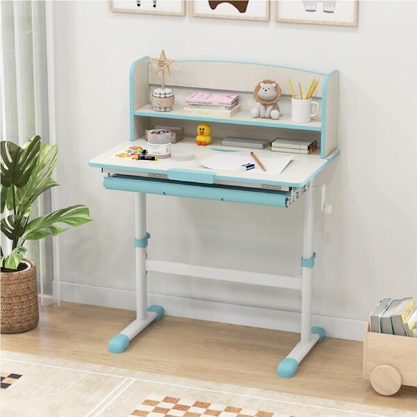 Giantex Kids Study Desk Children Writing Table Height Adjustable w/Tilt Desktop & Storage Drawer Student Learning Desk Blue