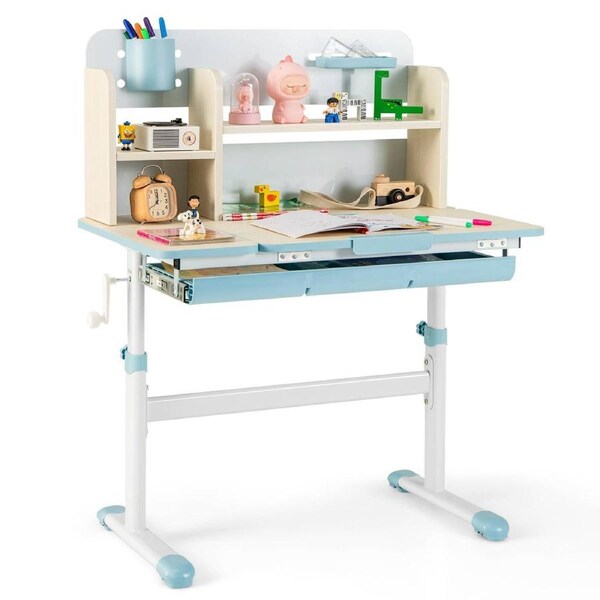 Giantex Kids Study Desk Height Adjustable Writing Table w/Tilt Desktop & Pen Holder Home School Desk Blue