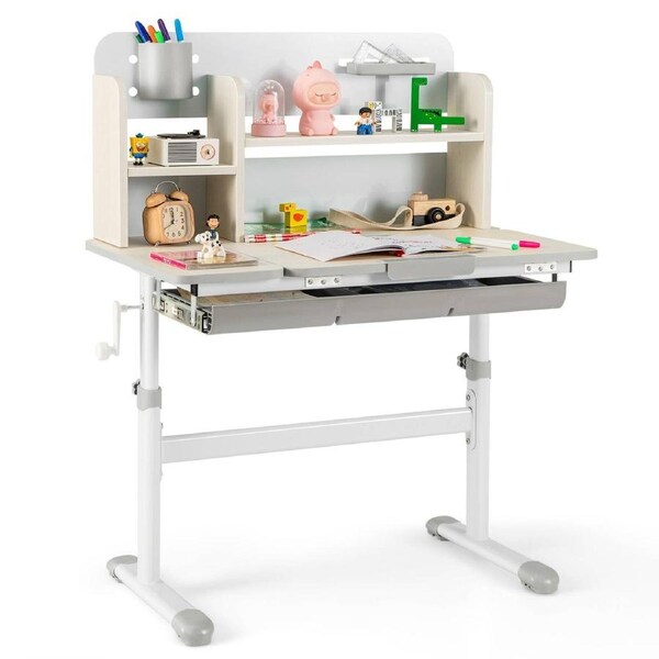 Giantex Kids Study Desk Height Adjustable Writing Table w/Tilt Desktop & Pen Holder Home School Desk Grey