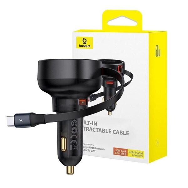 Baseus Enjoyment Pro Car Charger U+Retractable Type-C Cable 60W-Cluster Black