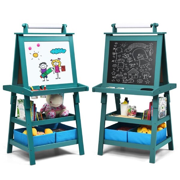 Babyjoy 3-in-1 Kids Art Easel Double-Sided Standing Easel w/Paper Roll & Storage Boxes Children Painting Drawing Board Teal Blue