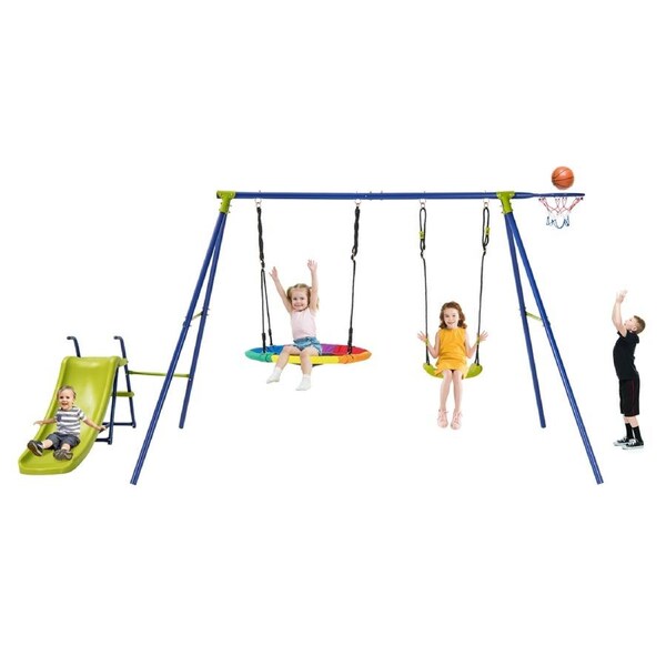 Babyjoy 4-in-1 Kids Swing Set w/Slide & Basketball Hoop Heavy-Duty Metal Playset Outdoor Activity Equipment