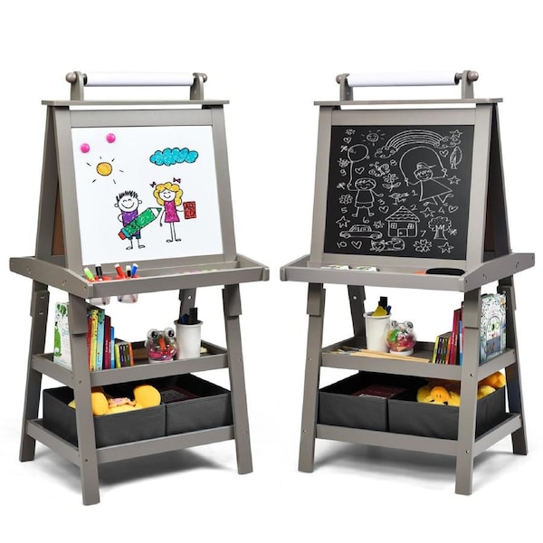 Babyjoy 3-in-1 Kids Art Easel Double-Sided Standing Easel w/Paper Roll & Storage Boxes Children Painting Drawing Board Grey