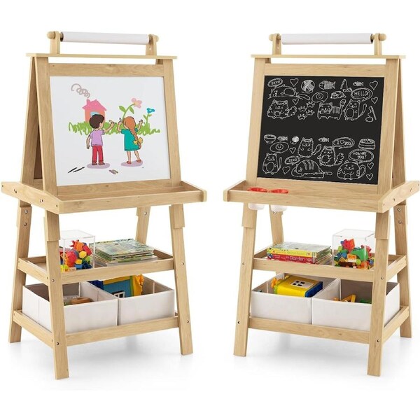Babyjoy 3-in-1 Kids Art Easel Double-Sided Standing Easel w/Paper Roll & Storage Boxes Children Painting Drawing Board Natural