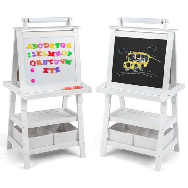 Babyjoy 3-in-1 Kids Art Easel Double-Sided Standing Easel w/Paper Roll & Storage Boxes Children Painting Drawing Board White