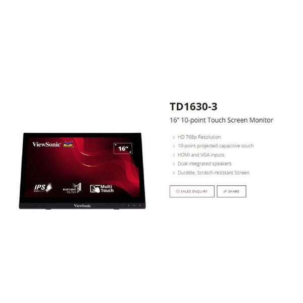 ViewSonic TD1630-3 16' 10 Point Projected Capactitive Touch, HDMI and VGA, Dual