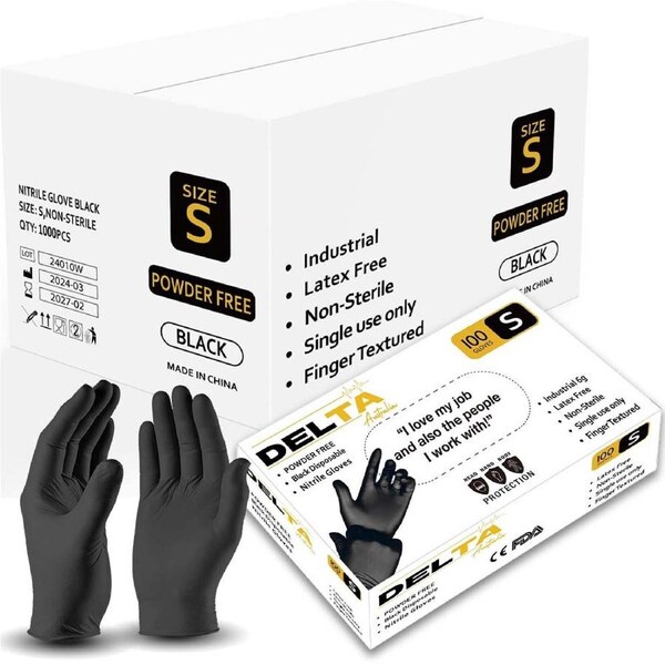 Carton/1000 Delta Industrial Powder free Black Nitrile Gloves 6gm - Small