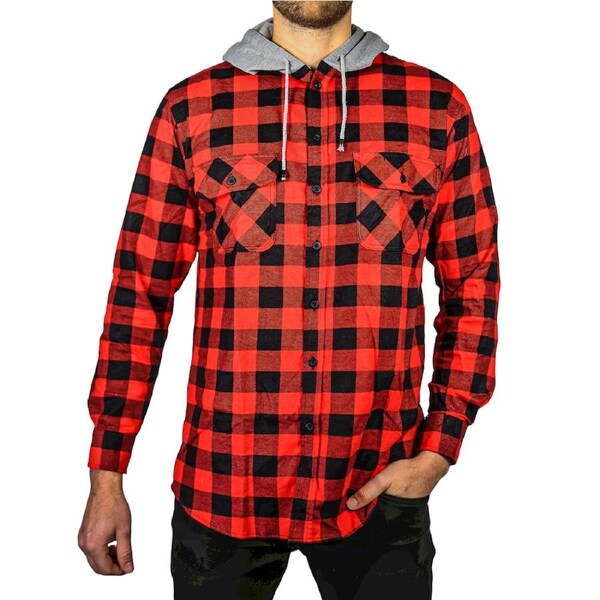 Mens Cotton Flannelette Shirt w Jersey Hood Long Sleeve Flannel - Red/Black L