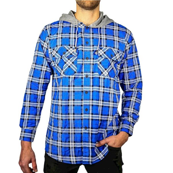 Mens Cotton Flannelette Shirt w Jersey Hood Long Sleeve Flannel - Spanish Blue M