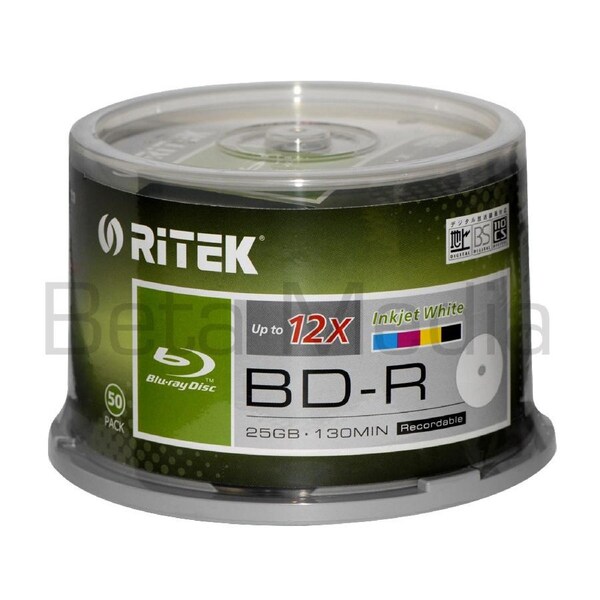 50 x Ritek Blu-ray BD-R 12x 25GB Full Hub inkjet printable blu ray BDR discs