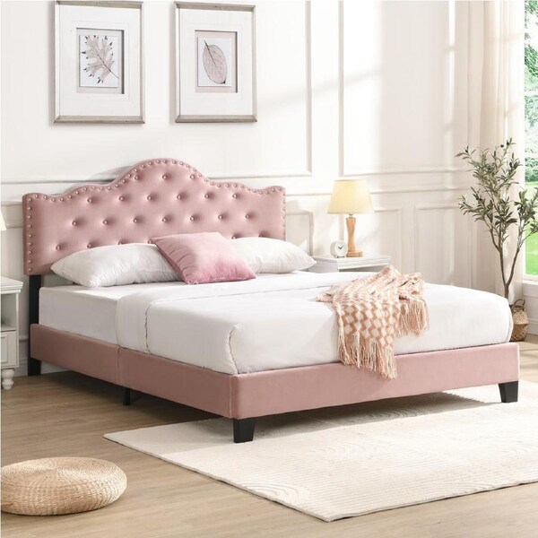 IHOMDEC Upholstered Velvet Button Tufted Crown Shape Double Size Bed Frame Pink BEF05