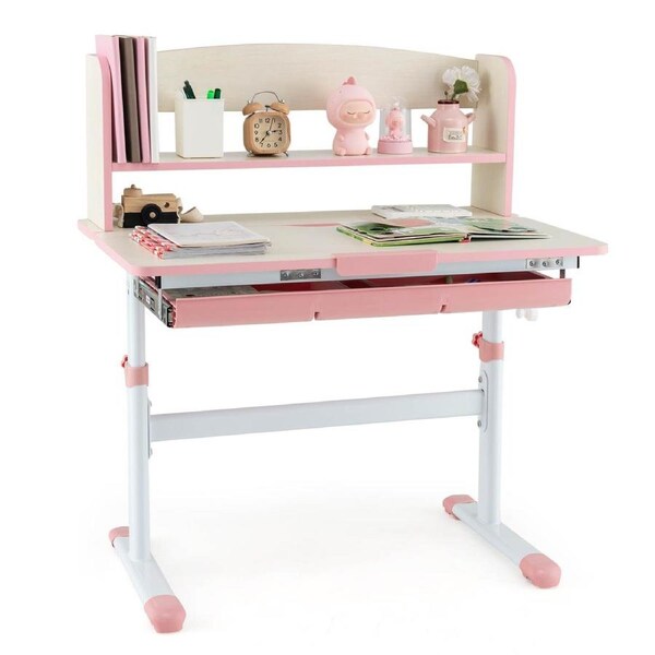 Costway Study Desk Height Adjustable Writing Table Drawing Reading Room w/Scale Ruler & Bookshelf & Drawer Pink