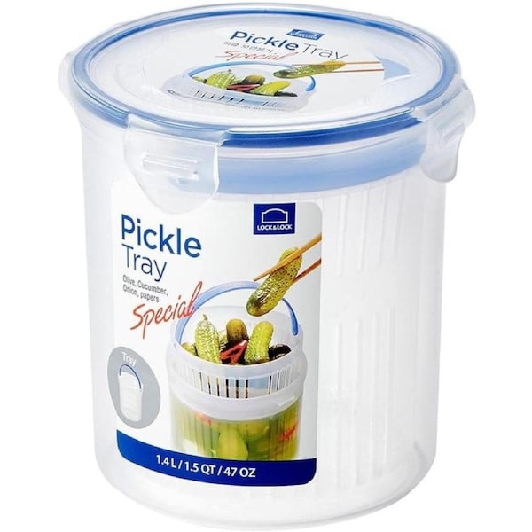 1.4L LOCK & LOCK Round Container with Draining Basket, Clear/Blue, Large - Pickle Tray