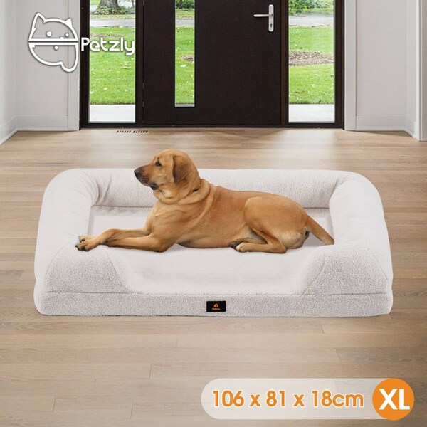Petzly Memory Foam Dog Bed Plush Pet Sofa Calming Bed Washable White X Large 106CM