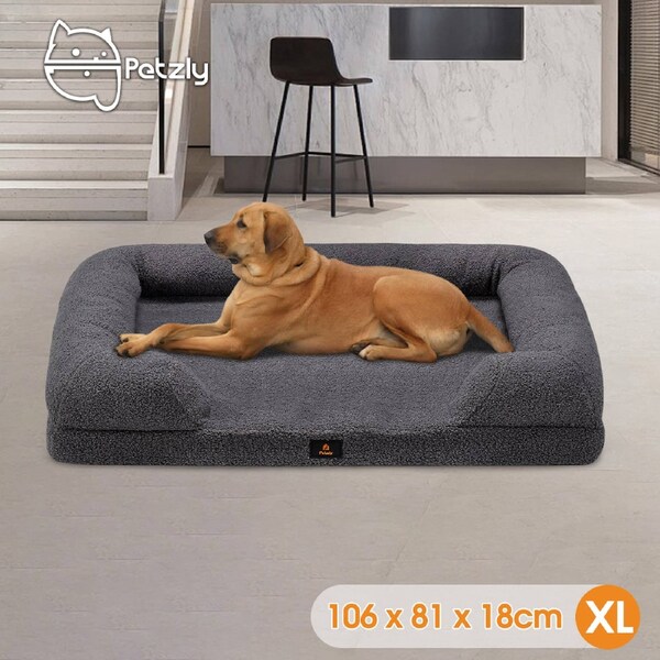 Petzly Memory Foam Dog Bed Plush Pet Sofa Calming Bed Washable Grey X Large 106CM