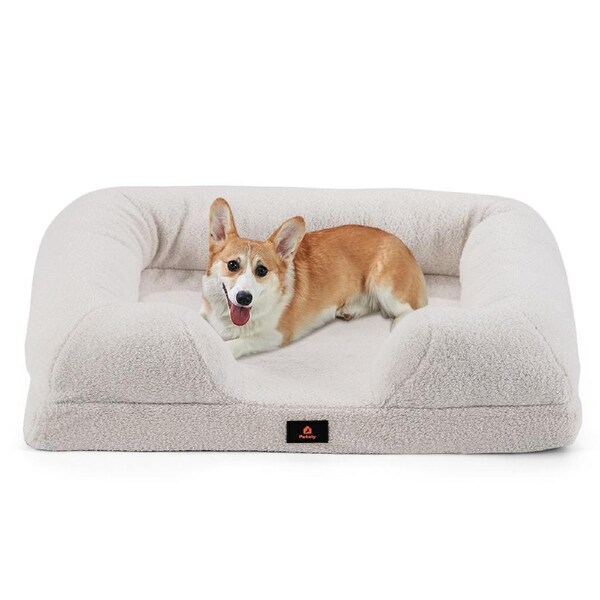 Petzly Memory Foam Dog Bed Plush Pet Sofa Calming Bed Washable Cover White 71cm