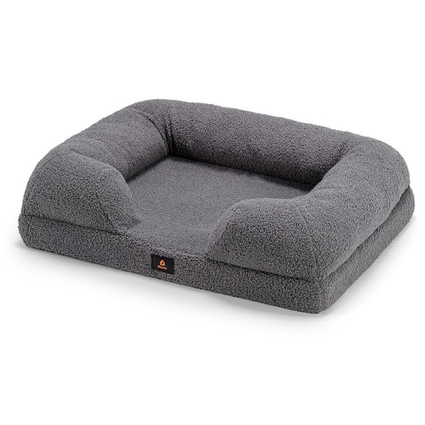 Petzly Memory Foam Dog Bed Plush Pet Sofa Calming Bed Washable Cover Grey 71cm