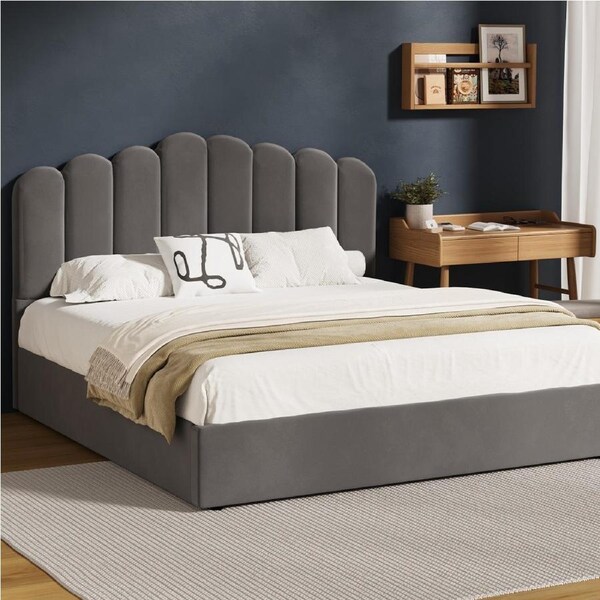 Oikiture Bed Frame King Size Gas Lift Bed Base With Storage Velvet KLON
