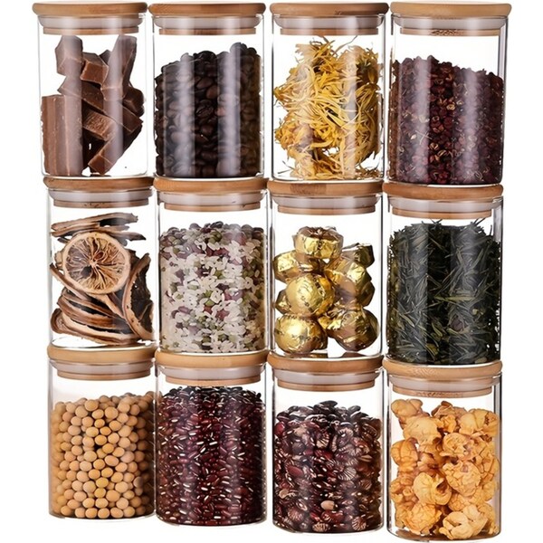 12PCS Glass Storage Jars with Wooden Lids Kitchen Pantry Food Canister