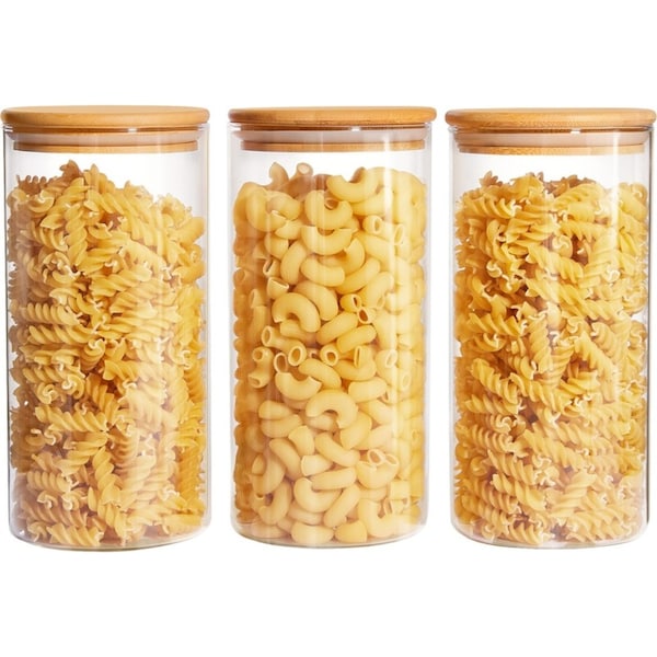 3PCS Glass Storage Jars with Wooden Lids Kitchen Pantry Food Canister