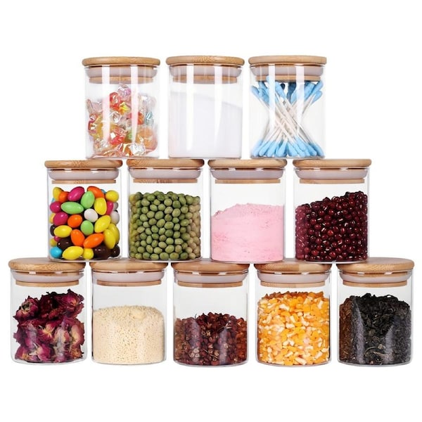 ACA 12PCS Glass Food Storage Preserving Jar with Airtight Bamboo Lid Modern Kitchen & Pantry