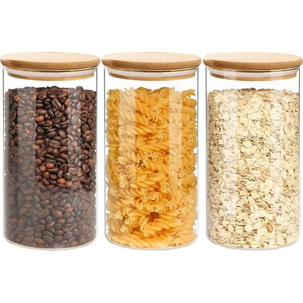 ACA 3PCS Glass Food Storage Preserving Jar with Airtight Bamboo Lid Modern Kitchen & Pantry