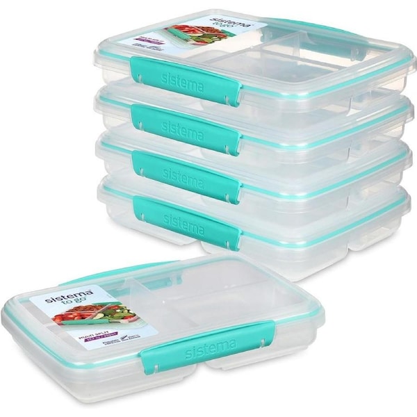 5 Food Storage Containers Sistema to Go Multi Split Meal and Food Prep Containers with Dividers and Clips, 820ml, BPA-Free, Green/Clear
