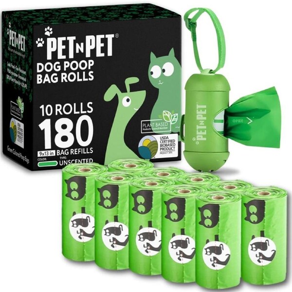PET N PET Dog Poop Bags, Poo Bags Green Unscented 180 Counts 10 Rolls Pet Waste Bags with Plastic Bags Dispenser, Strong Thick Dog Poo Bags Smell Proof Dog Bags - 9x13 Inches