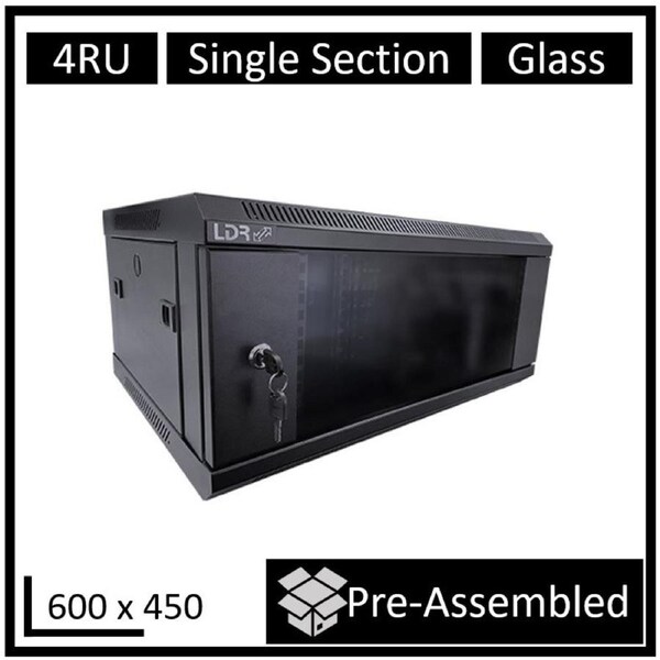 LDR Assembled 4U Wall Mount Cabinet (600mm x 450mm) Glass Door - Black Metal