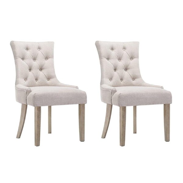 Set of 2 Dining Chair Beige French Provincial Chairs Wooden Fabric Retro Cafe
