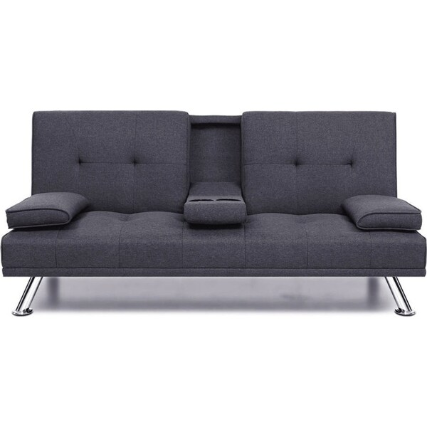 Linen Fabric 3 Seater Sofa Bed Recliner Lounge Couch Cup Holder Futon Dark Grey