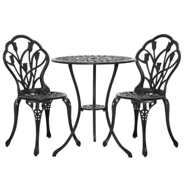 Outdoor Setting Cast Aluminium Bistro Table Chair Patio 3pcs - Black Floral