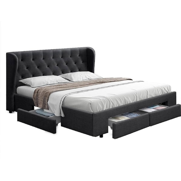 Bed Frame Storage Drawers Fabric - Charcoal King