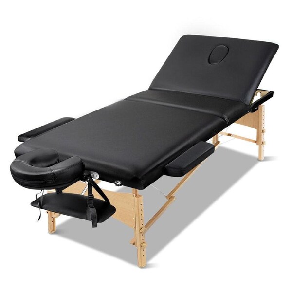 75cm Wide Portable Wooden Massage Table 3 Fold Treatment Beauty Therapy Black