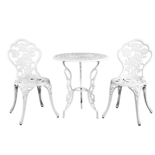 Outdoor Furniture Chairs Table Aluminium Bistro Set of 3 - White