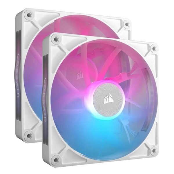 Corsair RX140 RGB White ICUE Link 140mm PWM Dual Fan Kit. 2x Fans, Connectors. 1 x ICUE Link Hub, 60mm Cable 90 Degress, Link Cab.