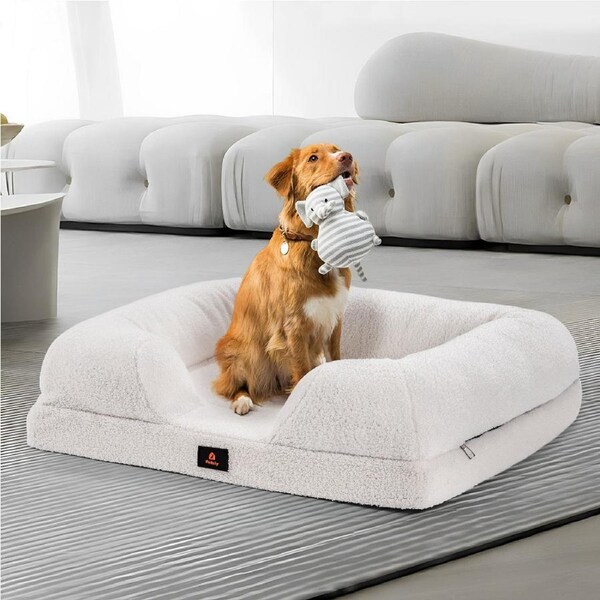 Petzly Memory Foam Dog Bed Pet Sofa Calming Bed Washable Removable White Large