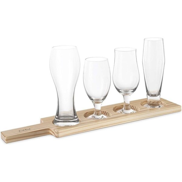 6pc Final Touch Beer Tasting Wooden Paddle Bar Flight Board Glassware Set