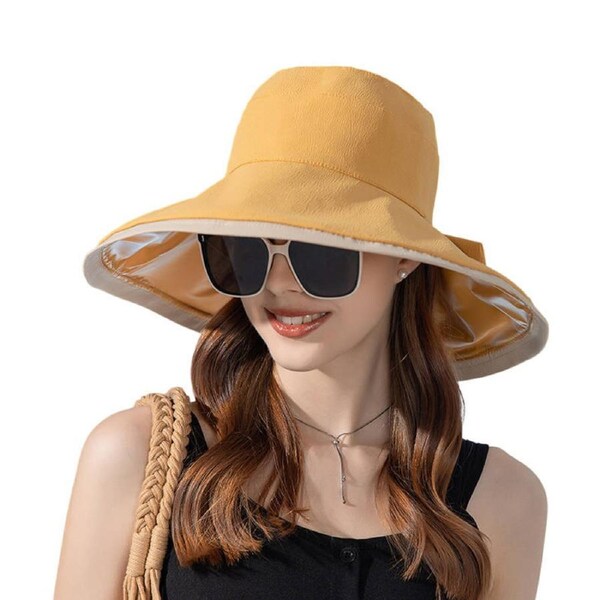 Nevenka Sun Hats UV Protection Wide Brim Foldable Beach Hats with Windproof Tether-Turmeric