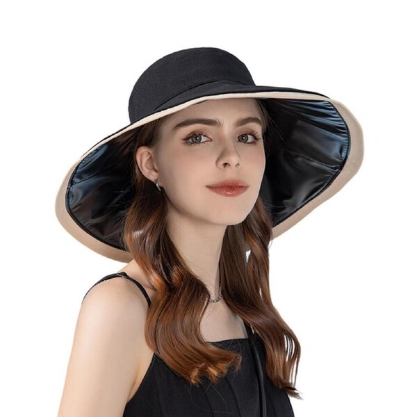 Nevenka Sun Hats UV Protection Wide Brim Foldable Beach Hats with Windproof Tether-Black