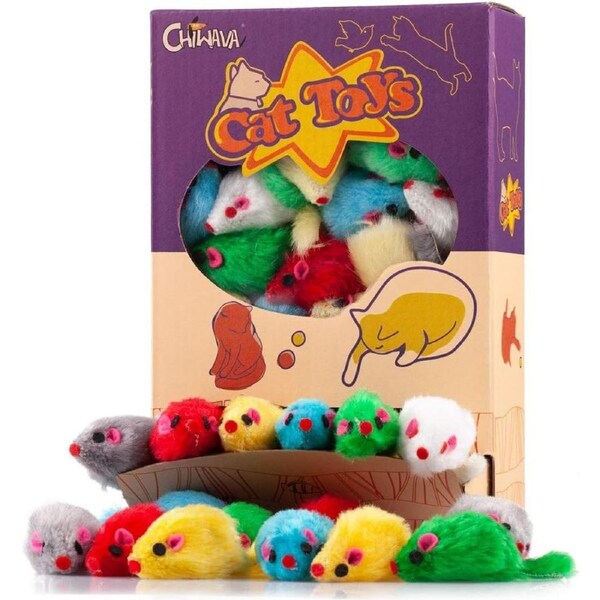 Chiwava 36PCS 4.1'' Furry Cat Toy Mice Rattle Small Mouse Kitten Interactive Play Assorted Color