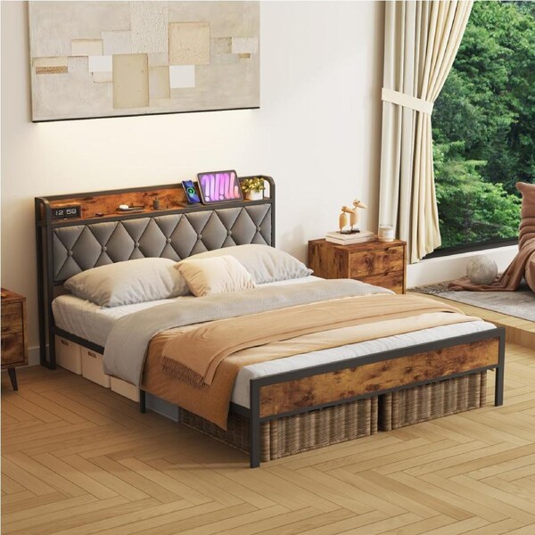 Advwin Bed Frame Queen Size with Charging Station and Storage Tufted Headboard Shelf Metal Bed Base