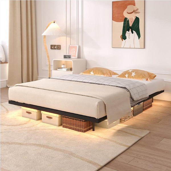 Advwin Queen Bed Frame with LED Lights, Metal Platform Bed Frame with Heavy Duty Steel Slats Black