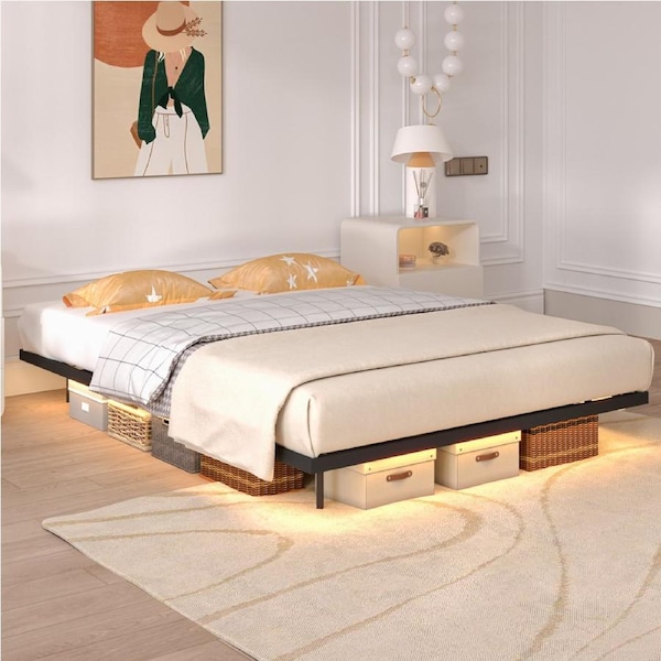 Advwin Double Bed Frame with LED Lights, Metal Platform Bed Frame with Heavy Duty Steel Slats Black